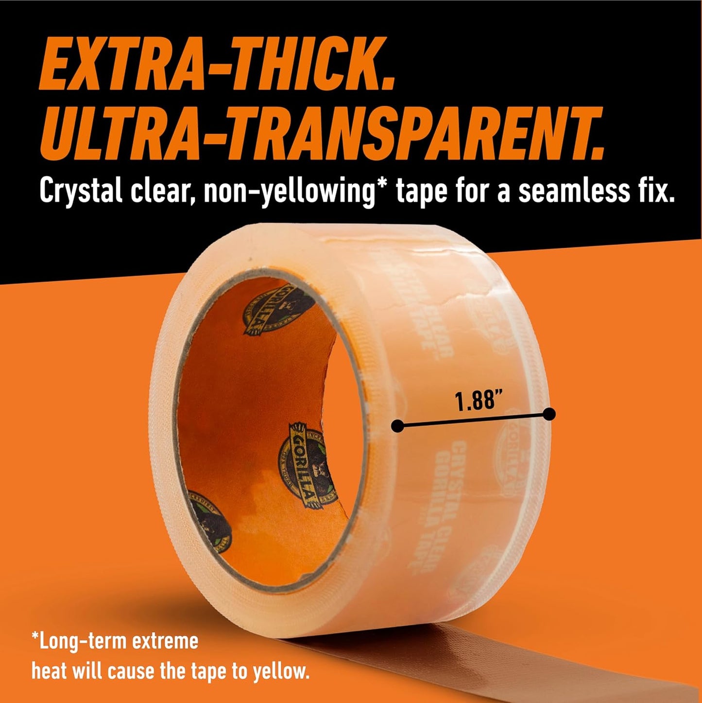 Gorilla Crystal Clear Tape, Duct, Utility, Non-Yellowing, Heavy Duty, Extra Thick Adhesive, Flexible, UV Temperature Resistant, 1.88 in x 27 ft, (Pack of 1), 6127002
