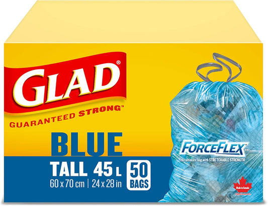 Glad Blue Recycling Bags - Tall 45 Litres - ForceFlex, Drawstring, 50 Trash Bags, Made in Canada of Global Components