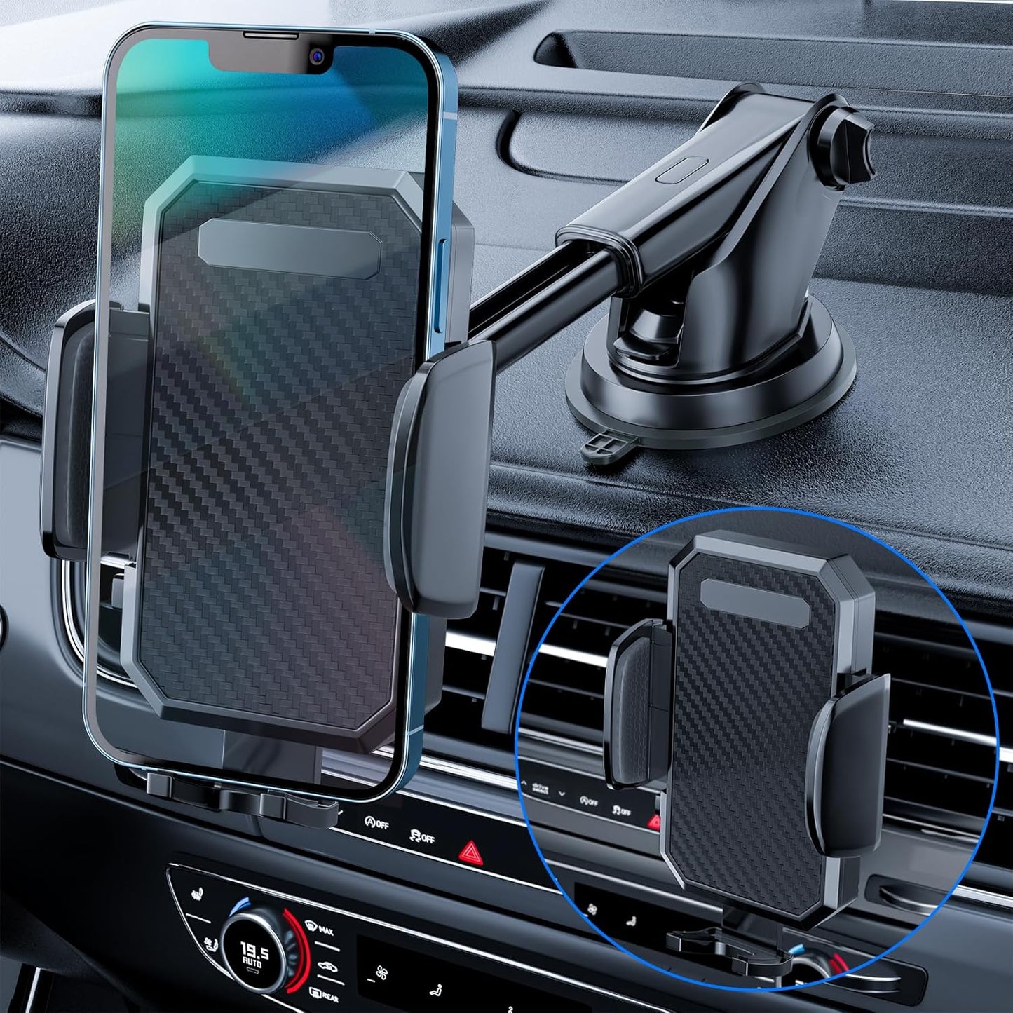 3-in-1 Car Phone Holder, [ Off-Road Level Suction Cup & Clip] Universal Cell Phone Holder Mount Dashboard Windshield Vent One-Hand Operation Holder Compatible with All Smartphones and Cars