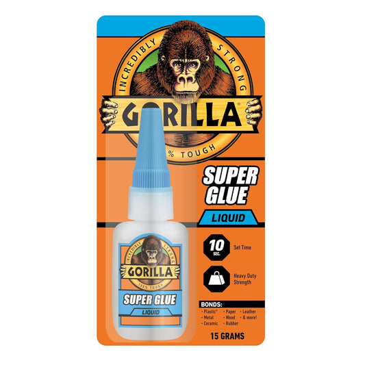 Gorilla Super Glue Liquid, Fast-Setting, Versatile Cyanoacrylate Glue, Anti-Clog Cap, Flow Control Formula, Clear, 0.53oz/15g, (Pack of 1) 112381