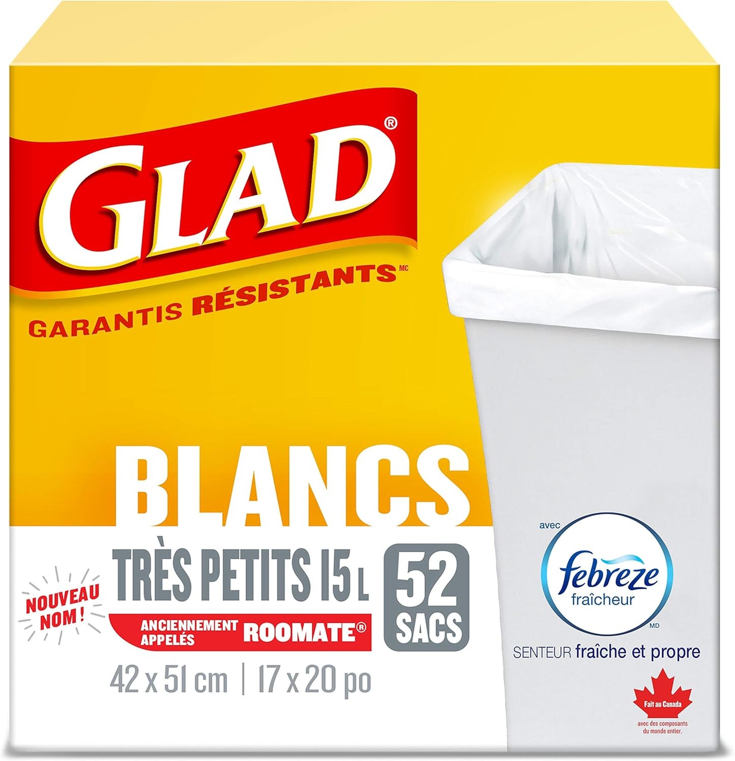 Glad White Garbage Bags - X-Small 15 Litres - Febreze Fresh Clean Scent, 52 Trash Bags, Made in Canada of Global Components