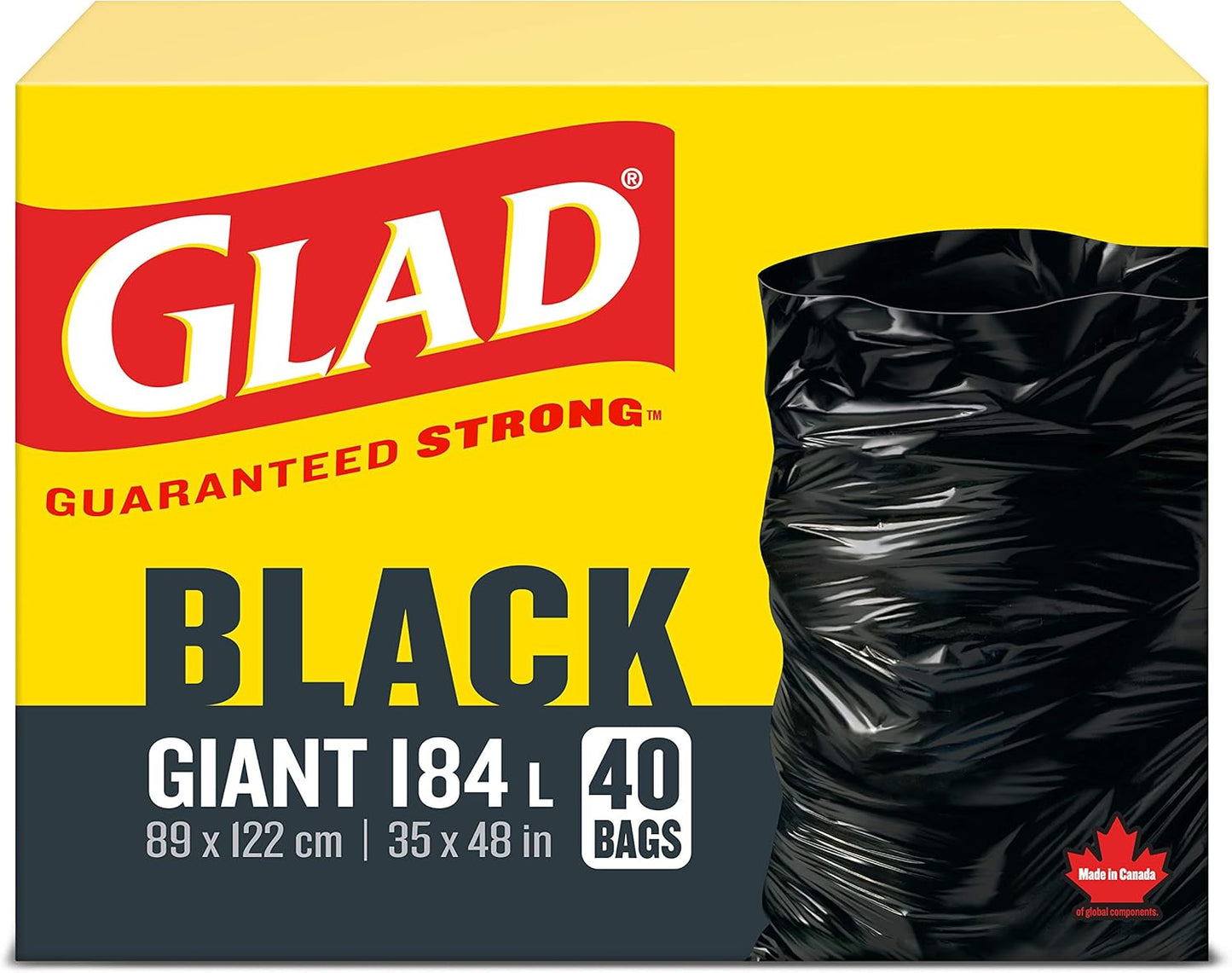 Glad Black Garbage Bags - Giant 184 Litres - 40 Trash Bags Made in Canada of Global Components