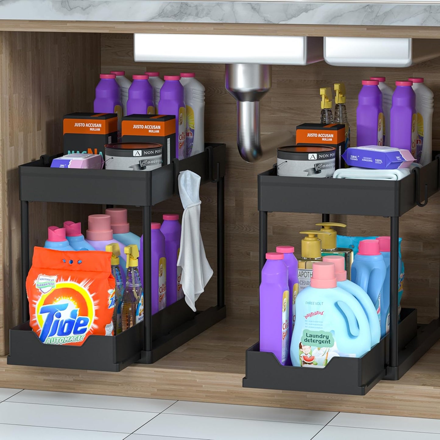 DEKAVA Under Sink Organizer 2 Pack, Bathroom Organizers, 2 Tier Sliding Cabinet Basket Organizer Drawer, Multi-Purpose Bath Collection Baskets for Bathroom (Black)