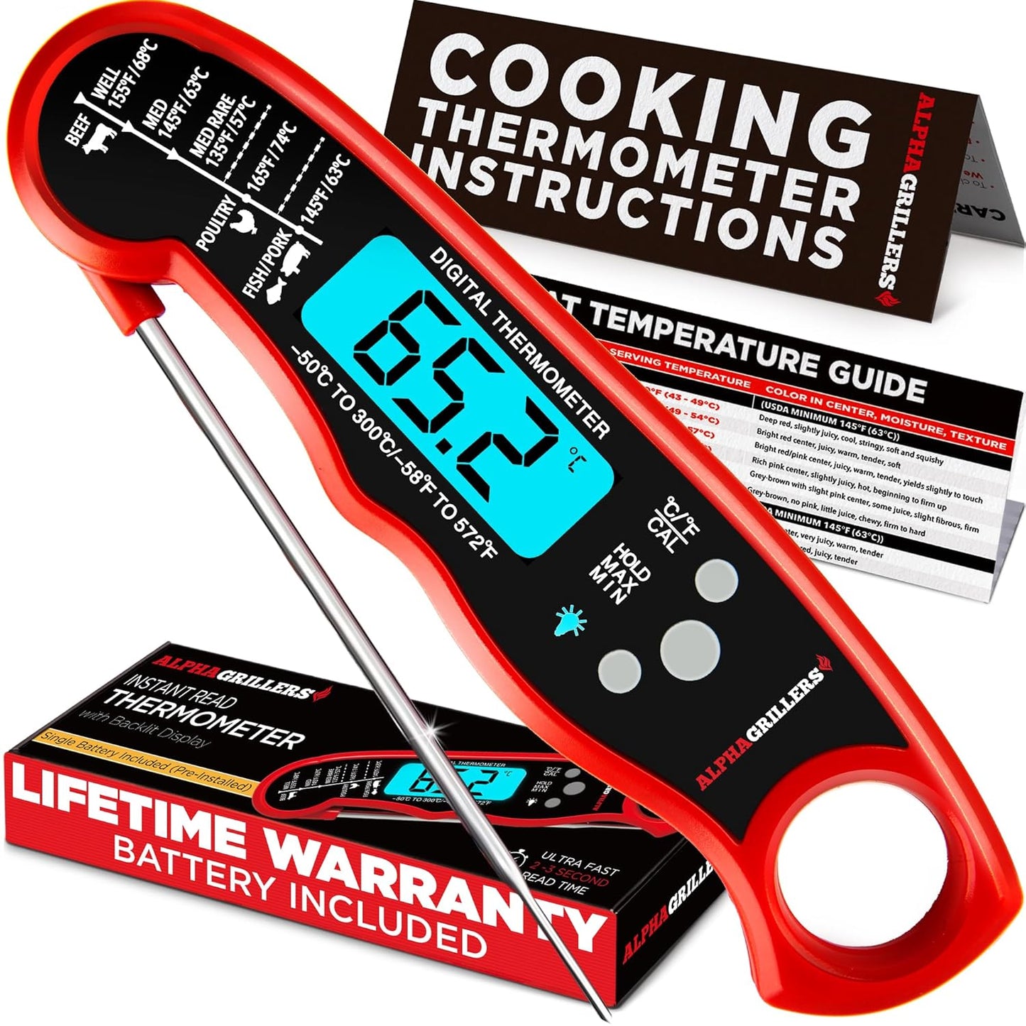 Alpha Grillers Meat Thermometer Digital - Instant Read Food Thermometer for Cooking Grilling - Professional Kitchen Fathers Day Gift Ideas for Birthday Dad Men Him Husband - Air Fryer BBQ Accessories