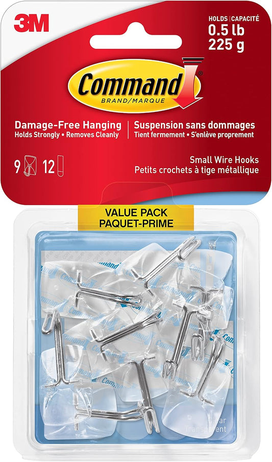 Command Wire Hooks Value Pack, Small, Clear, 9 Hooks 12 Small Strips