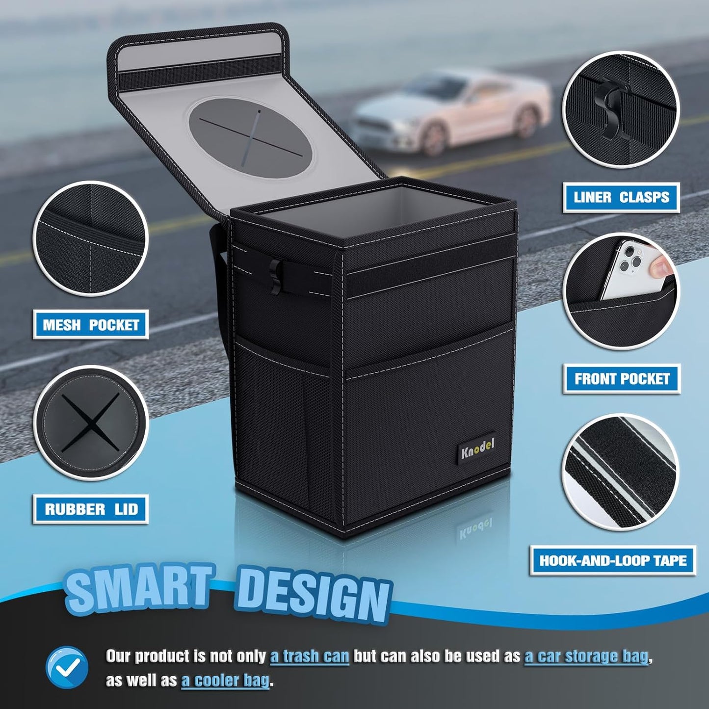 K KNODEL Car Trash Can, Waterproof Auto Garbage Can, Car Trash Can with Lid, Leak-Proof Car Storage Bag, Car Bin Hanging (Medium, Black)