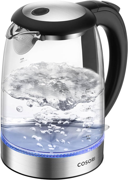 COSORI Plastic-Free Electric Kettle, Odorless Boiling 1.7L Borosilicate Glass, 1500W Cordless, Auto Shut Off - For Coffee, Tea & Hot Water, Black