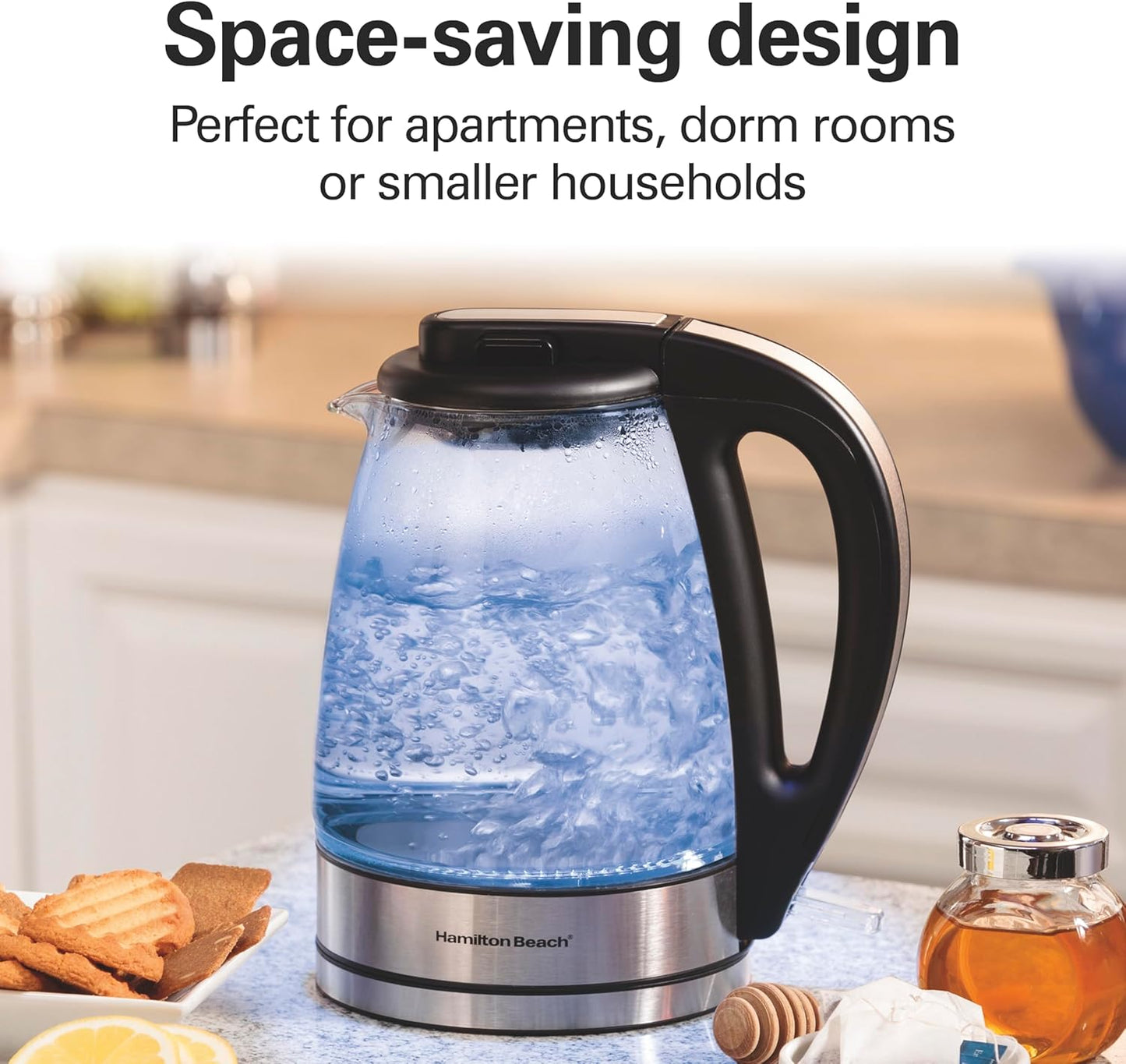 Hamilton Beach Glass Electric Kettle, 1 L, 1500W Fast Boiling Water Boiler, Cordless, Soft Blue LED Light, Auto Shutoff & Boil-Dry Protection, BPA-Free, Compact Size (40930JC)