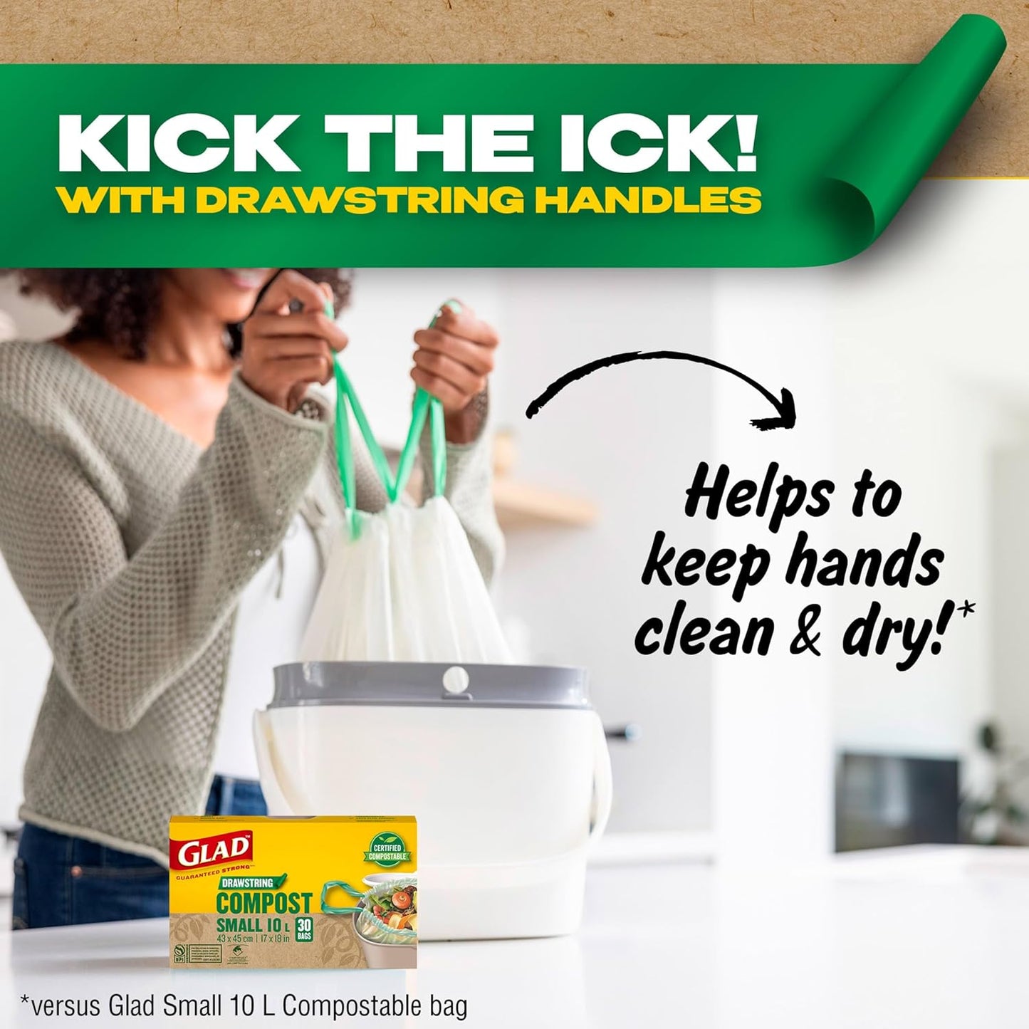 Glad 100% Compostable Drawstring Bags - Small 10 Litres - Drawstring, 30 Compost Trash Bags - Unscented