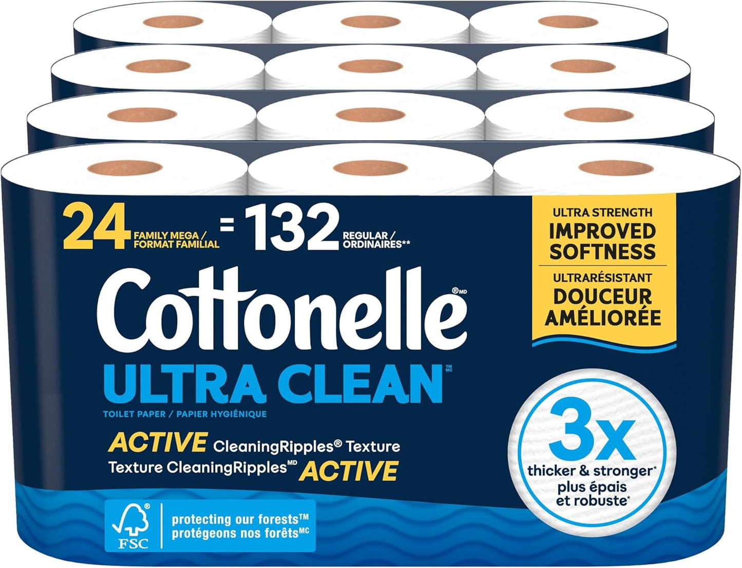 Cottonelle Toilet Paper, 24 Family Mega Rolls = 132 Regular Rolls (4 Packs of 6), Ultra Clean, Strong Bathroom Tissue, 353 Sheets per Roll, Packaging May Vary