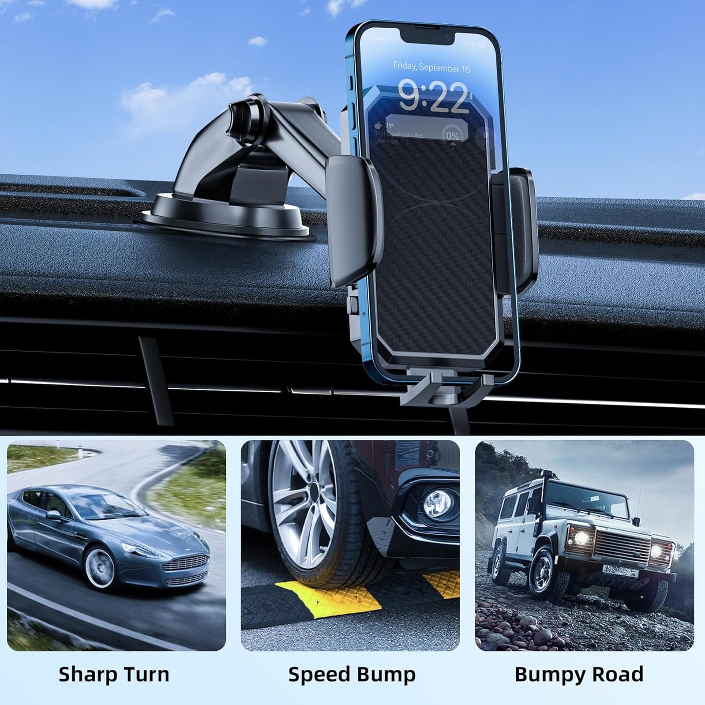3-in-1 Car Phone Holder, [ Off-Road Level Suction Cup & Clip] Universal Cell Phone Holder Mount Dashboard Windshield Vent One-Hand Operation Holder Compatible with All Smartphones and Cars
