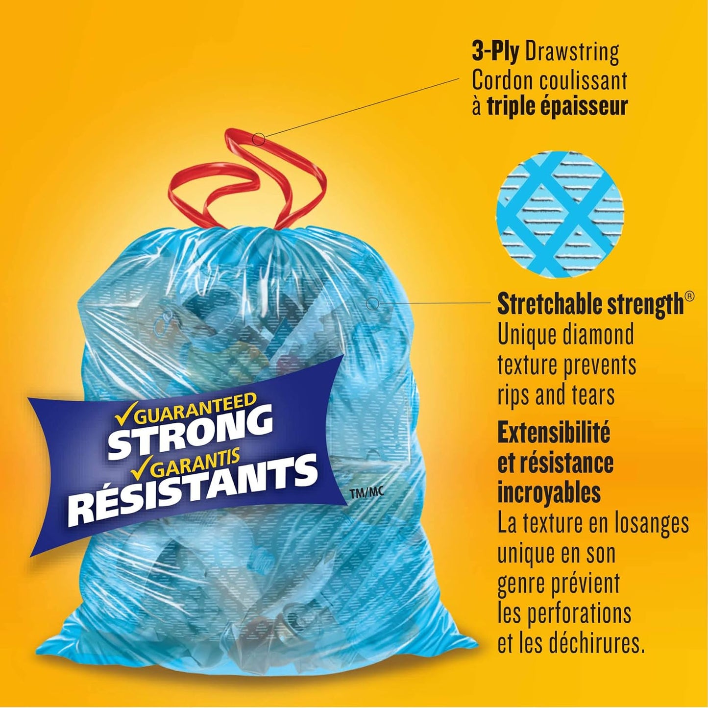 Glad Blue Recycling Bags - Tall 45 Litres - ForceFlex, Drawstring, 50 Trash Bags, Made in Canada of Global Components