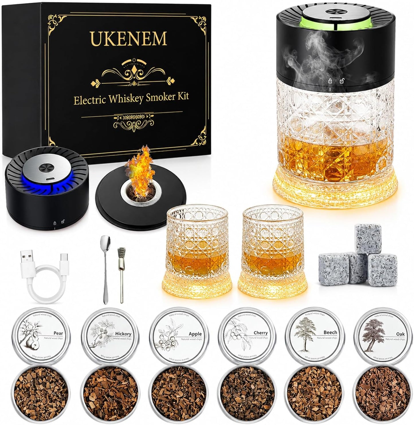 Electric Whiskey Smoker Kit,Rechargeable Cocktail Smoker Kit with 2 * 360° Rotating LED Whiskey Glass, 4*Ice Wine Stone and 6*Wood Chips, Bourbon Whiskey Gift Ideas for Men/Dad/Husband