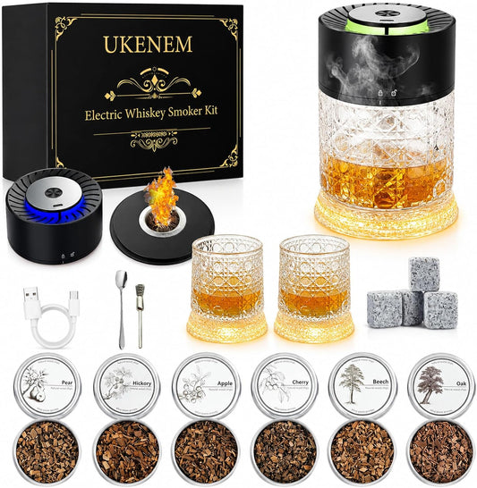 Electric Whiskey Smoker Kit,Rechargeable Cocktail Smoker Kit with 2 * 360° Rotating LED Whiskey Glass, 4*Ice Wine Stone and 6*Wood Chips, Bourbon Whiskey Gift Ideas for Men/Dad/Husband