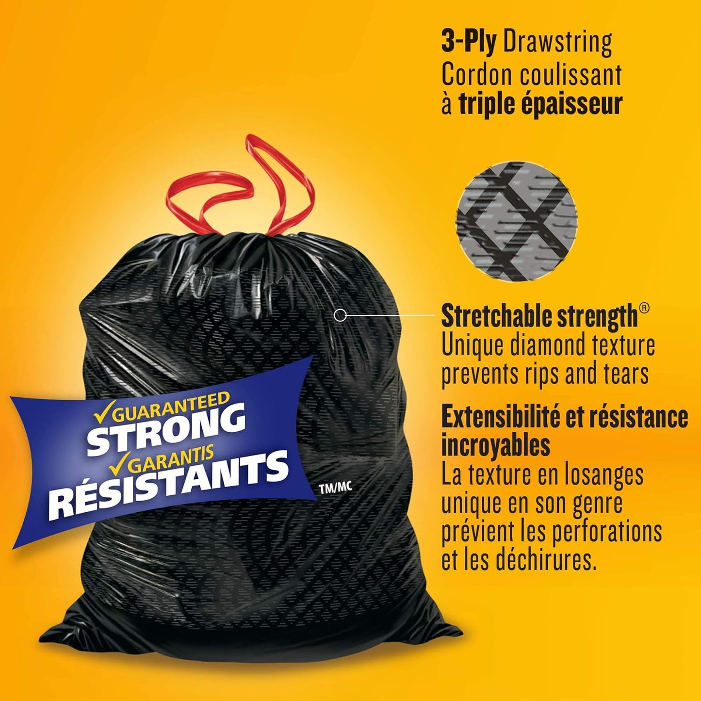 Glad Black Garbage Bags - Large 90 Litres - ForceFlex Drawstring, 60 Trash Bags, Made in Canada of Global Components