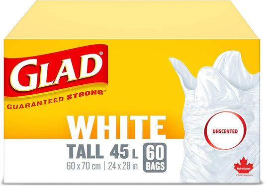 Glad White Garbage Bags - Tall 45 Litres - Unscented, 60 Trash Bags, Made in Canada of Global Components
