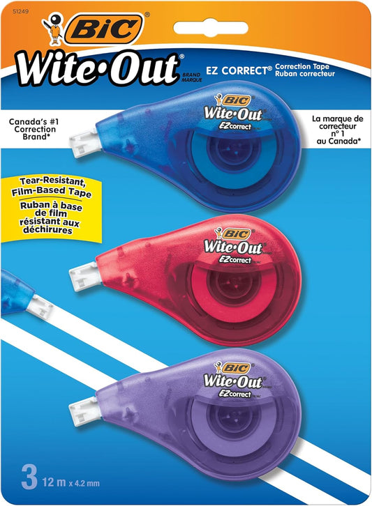 BIC Wite-Out Brand EZ Correct Grip Correction Tape, School Supplies for Students and Teachers, 3-Count Pack in White