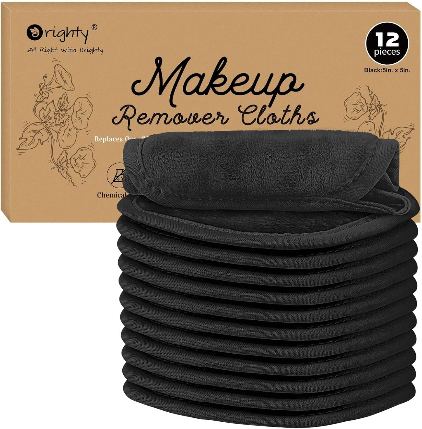 Orighty Makeup Remover Cloths 12 Pack, Makeup Removal Face Cleansing Cloth, Reusable Makeup Remover Pads Remove Instantly Dirt with Just Water, 5 x 5 in (Black)