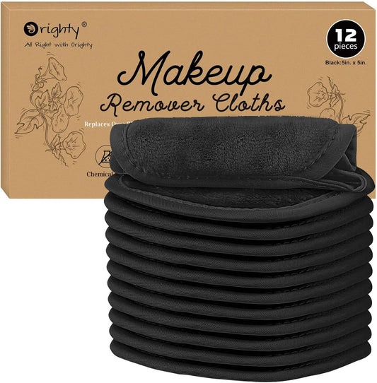 Orighty Makeup Remover Cloths 12 Pack, Makeup Removal Face Cleansing Cloth, Reusable Makeup Remover Pads Remove Instantly Dirt with Just Water, 5 x 5 in (Black)