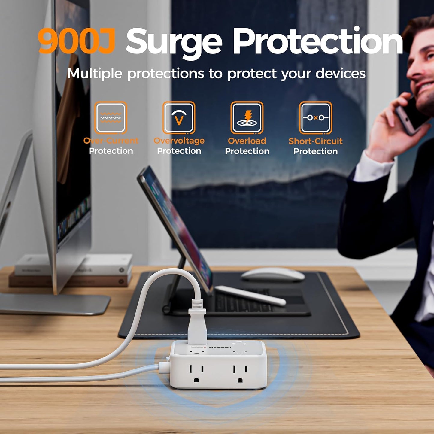 Flat Plug Power Bar, TESSAN 5 Ft Extension Cord Indoor with 8 Multi Outlets and 3 USB (1 USB C), Surge Protector Power Strip, Wall Mount Charging Station for Home Office Dorm, Gray