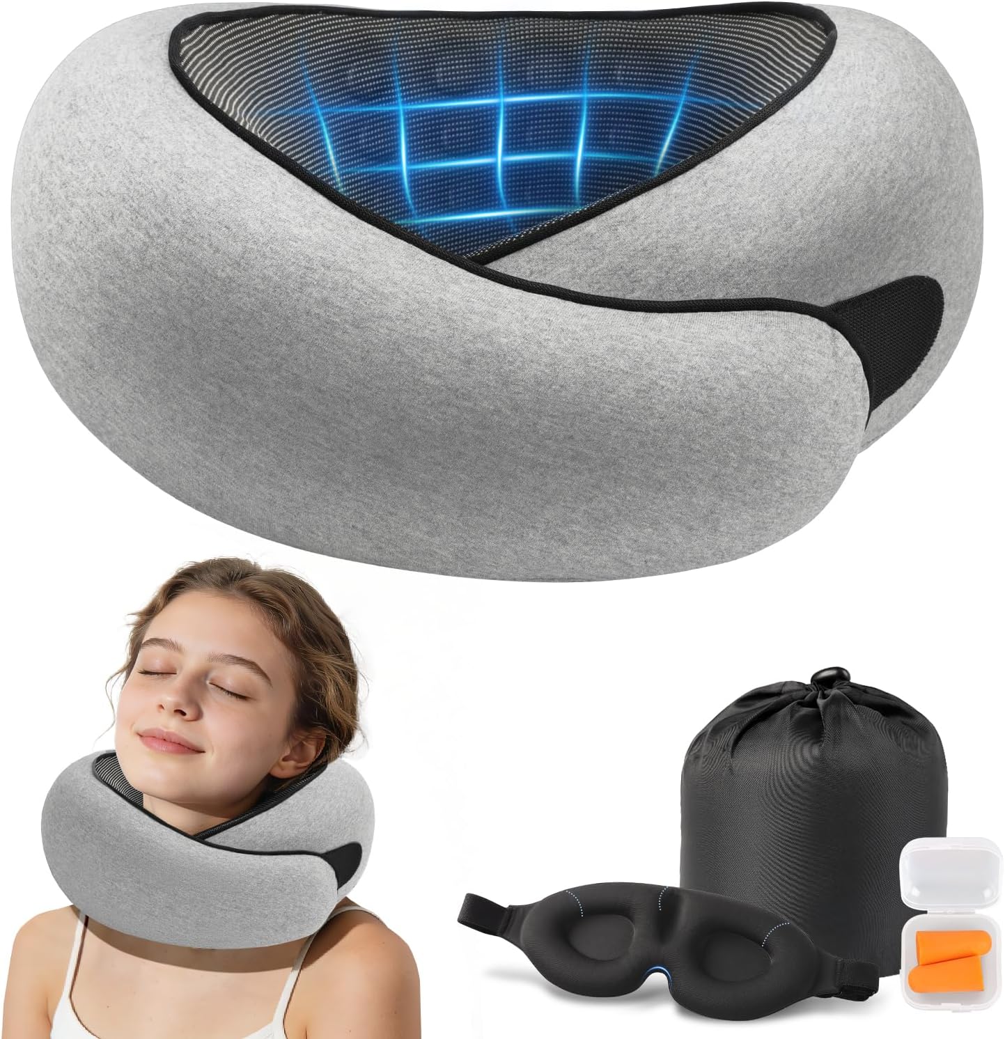 Purroch Neck Pillow Airplane, Travel Pillow with Eye Mask & Earplugs, Memory Foam Pillow with Adjustable Velcro Strap, Pillows for Travel, Plane, Car, Home, Work, Light Grey