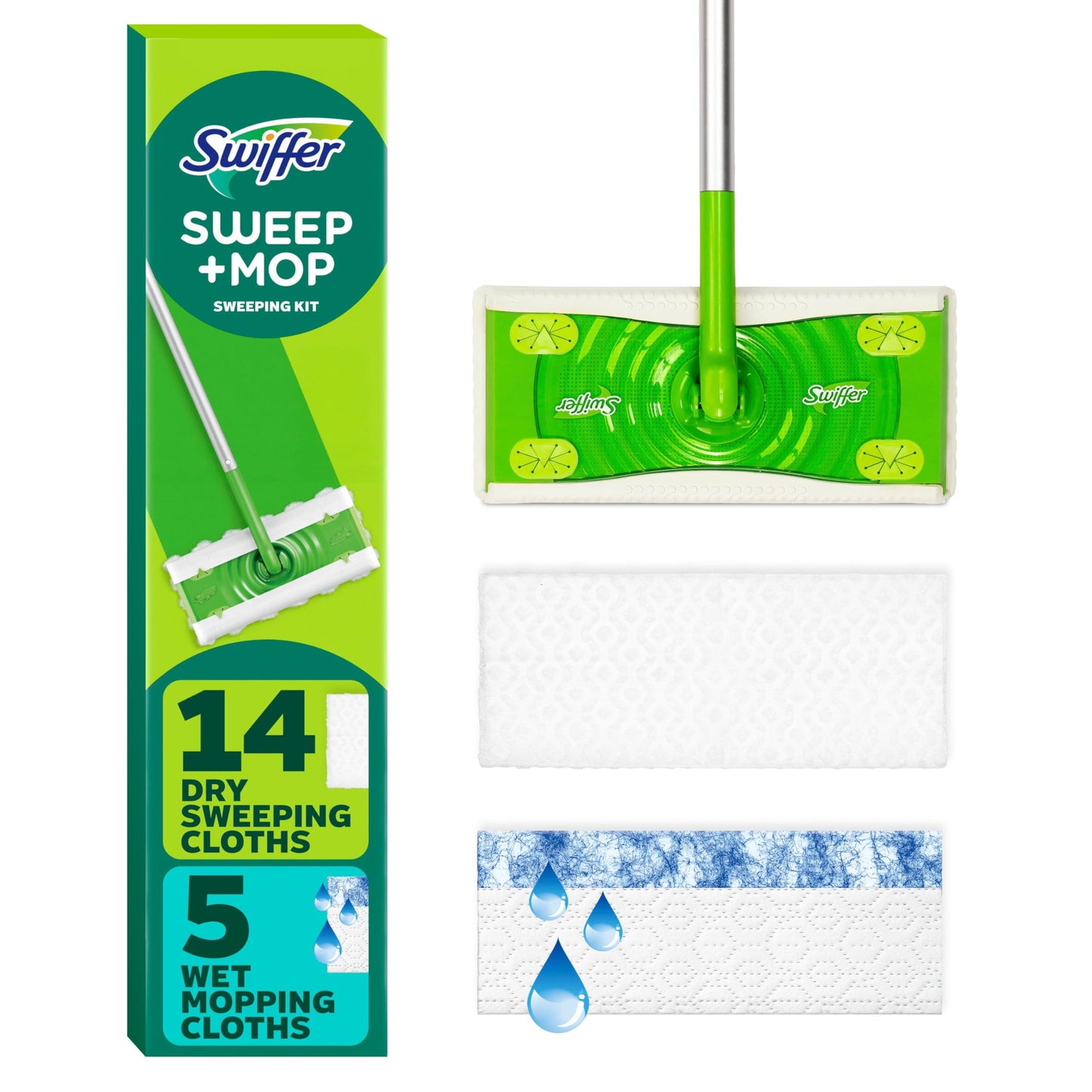 Swiffer Sweep + Mop, Broom & Mop Alternative, Dry & Wet Floor Cleaner for Dirt, Dust, Hair, All Purpose Cleaning Tool for Home, Bathroom, Kitchen, Set Includes 1 Sweeper, 14 Dry Pads, 5 Wet Pads Fresh