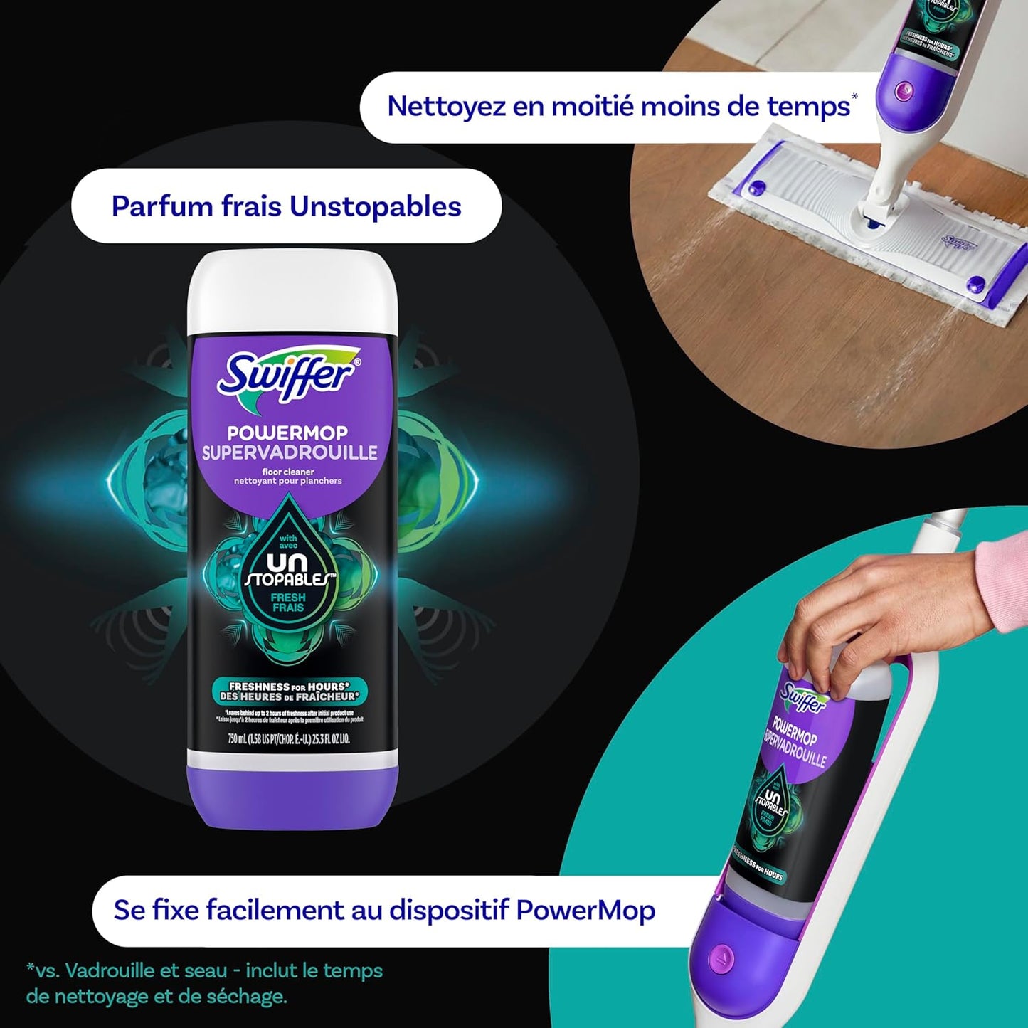 Swiffer PowerMop Floor Cleaning Solution with Unstopables Fresh Scent, 1.5 L Total (2 Count of 750 mL Each)