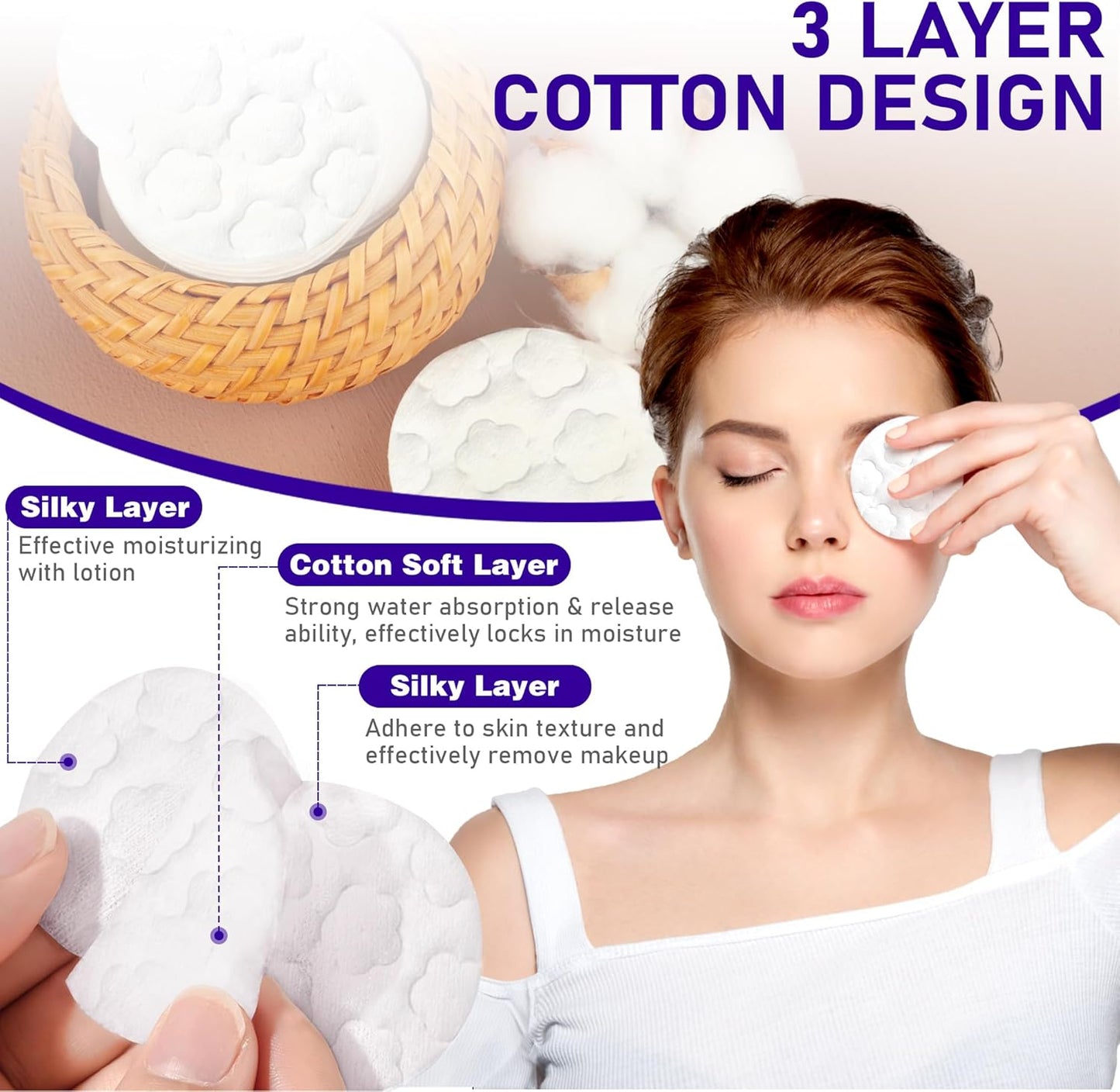 400 Count Cotton Pads for Face, Round Makeup Remover Pads 100% Pure & Organic Cotton Rounds for Face Cleansing, Lint-Free Facial Pads (100 Count (4 Pack))