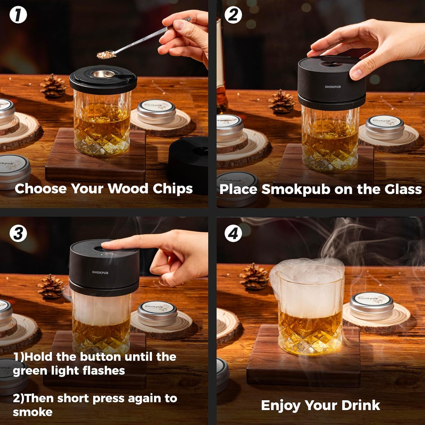 SMOKPUB Electric Whiskey Smoker Kit Built-in Lighter, No Butane Needed, Rechargeable Cocktail Smoker Kit with 6 Wood Chips, Old Fashioned Drink Smoker Kit, Bourbon Whiskey Gifts for Men,Dad,Husband