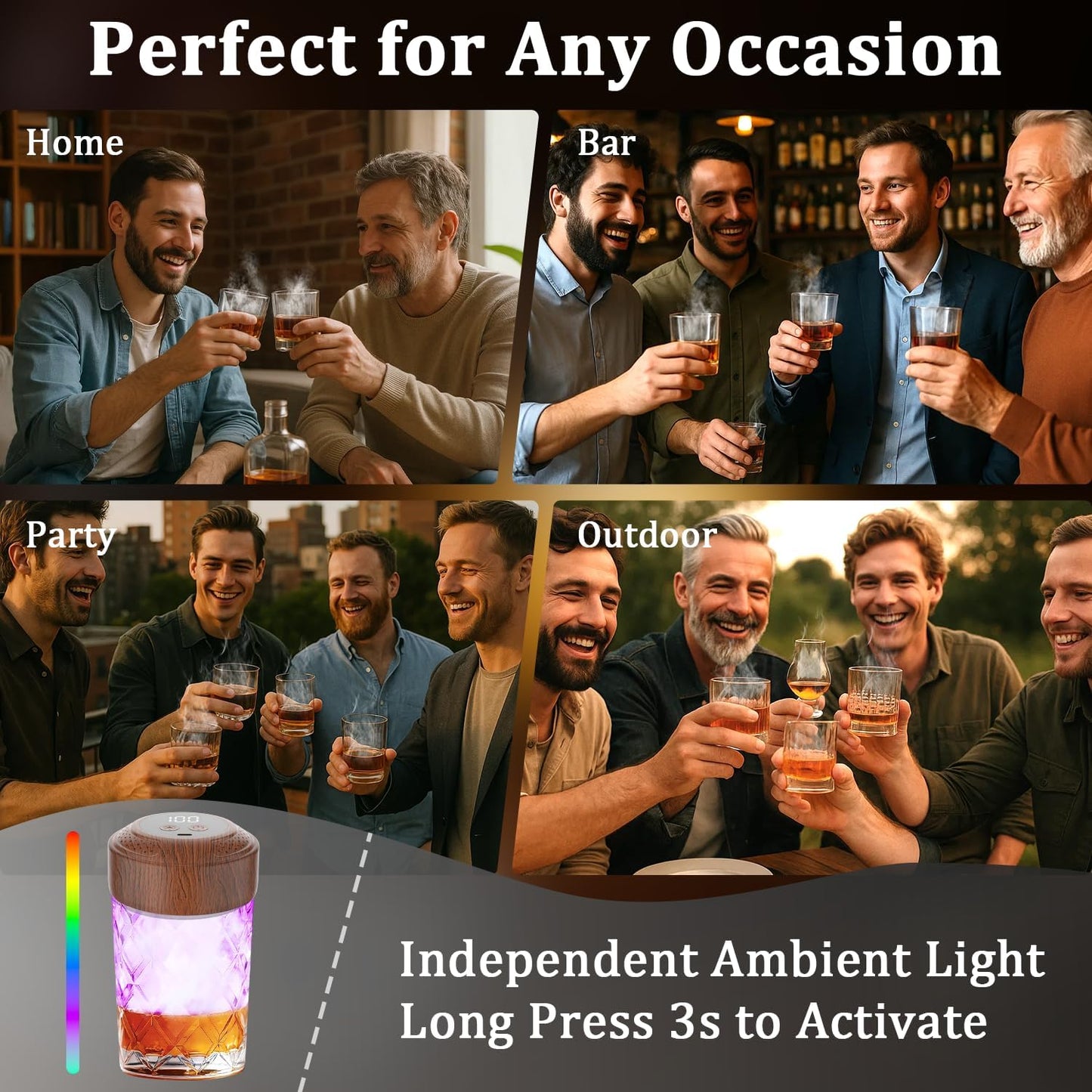 Electric Whiskey Smoker Kit - Built-in Lighter, 6 Lighting Colors, Rechargeable Cocktail Smokers Kit with 6 Wood Chips, Old Fashioned Drink Smoker Kit, Birthday Gifts for Men, Dad (No Butane)