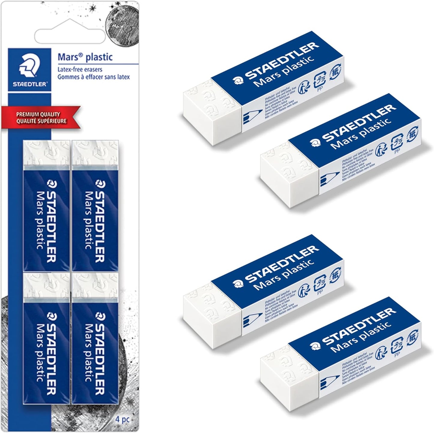 STAEDTLER Mars Plastic Vinyl Erasers, 4 Pack, White, Latex-Free