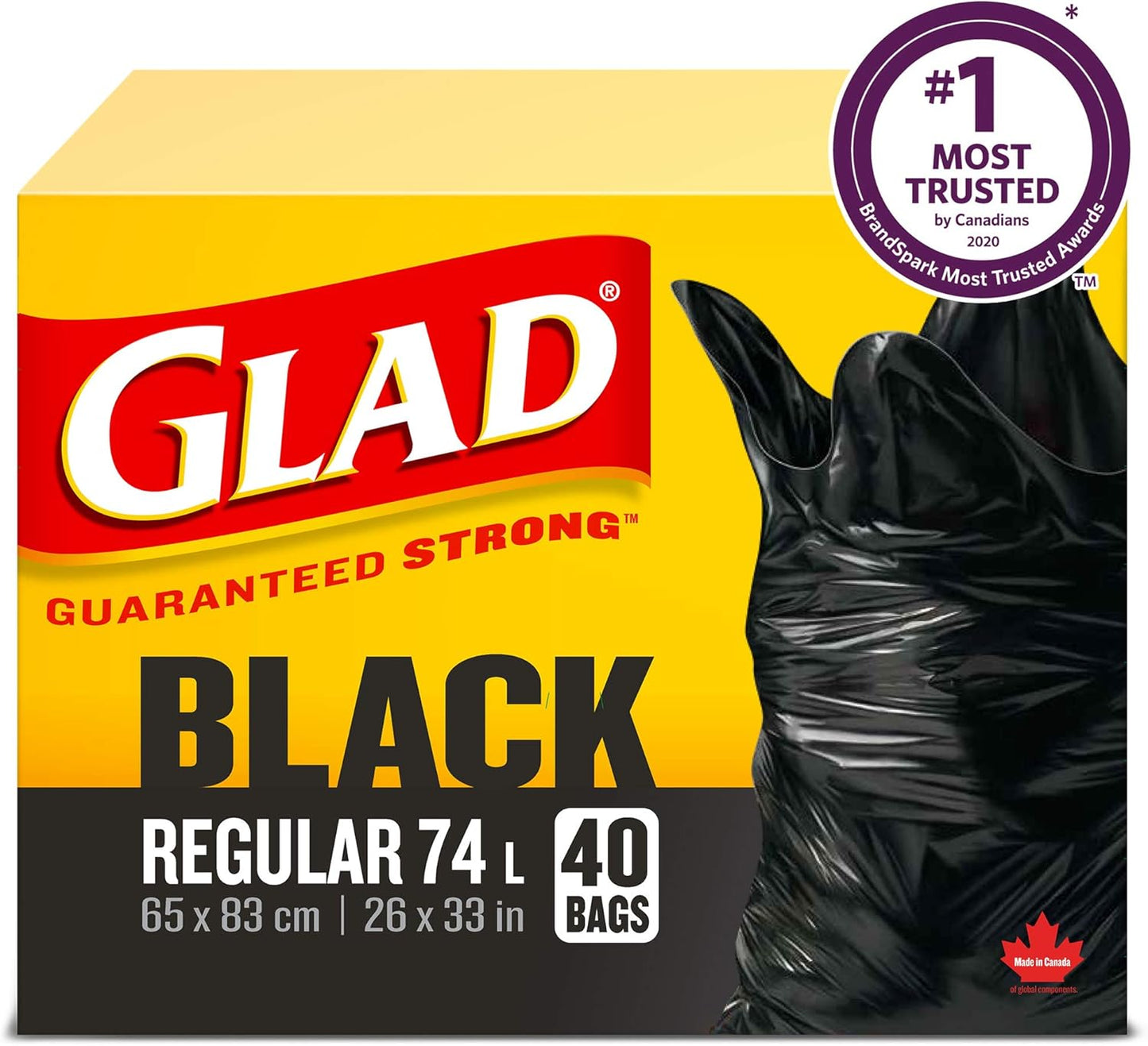 Glad Black Garbage Bags - Regular 74 Litres - 40 Trash Bags Made in Canada of Global Components
