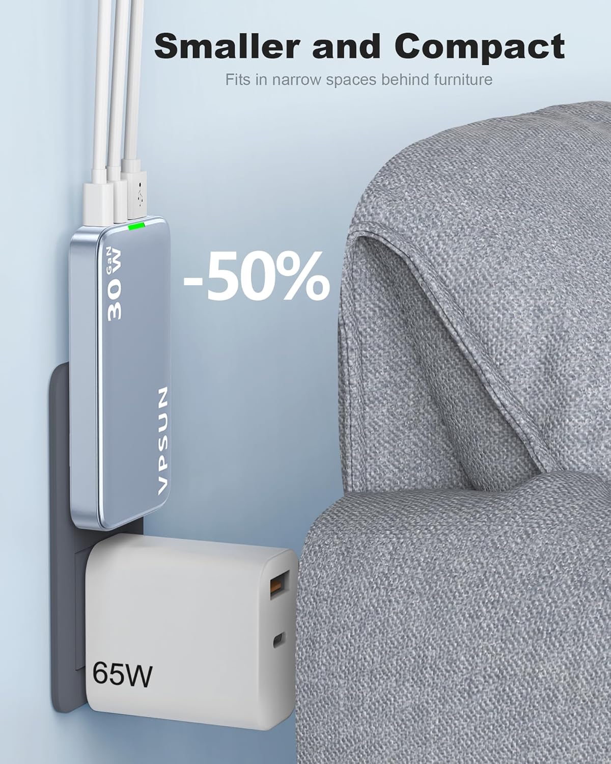 USB C Wall Charger Block 30W,3 Port Ultra Thin Flat USB-C Charging Plug,Foldable USB Power Adapter for iPad,iPhone 15/16,Samsung (Blue, 30W)