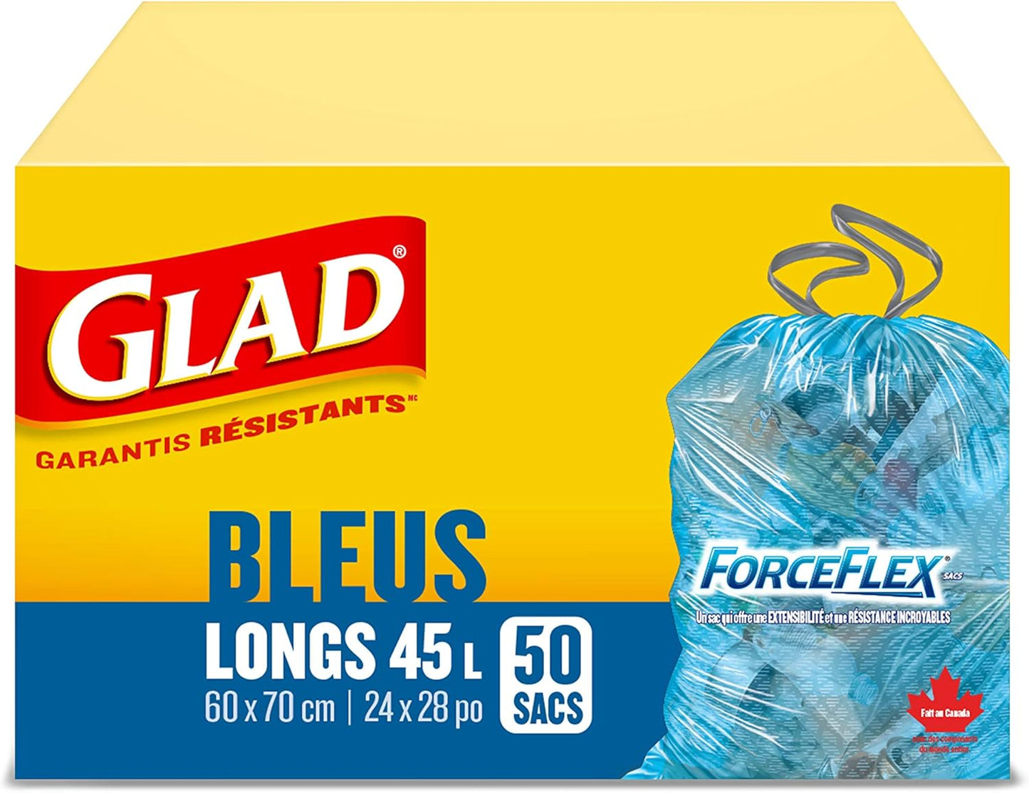 Glad Blue Recycling Bags - Tall 45 Litres - ForceFlex, Drawstring, 50 Trash Bags, Made in Canada of Global Components