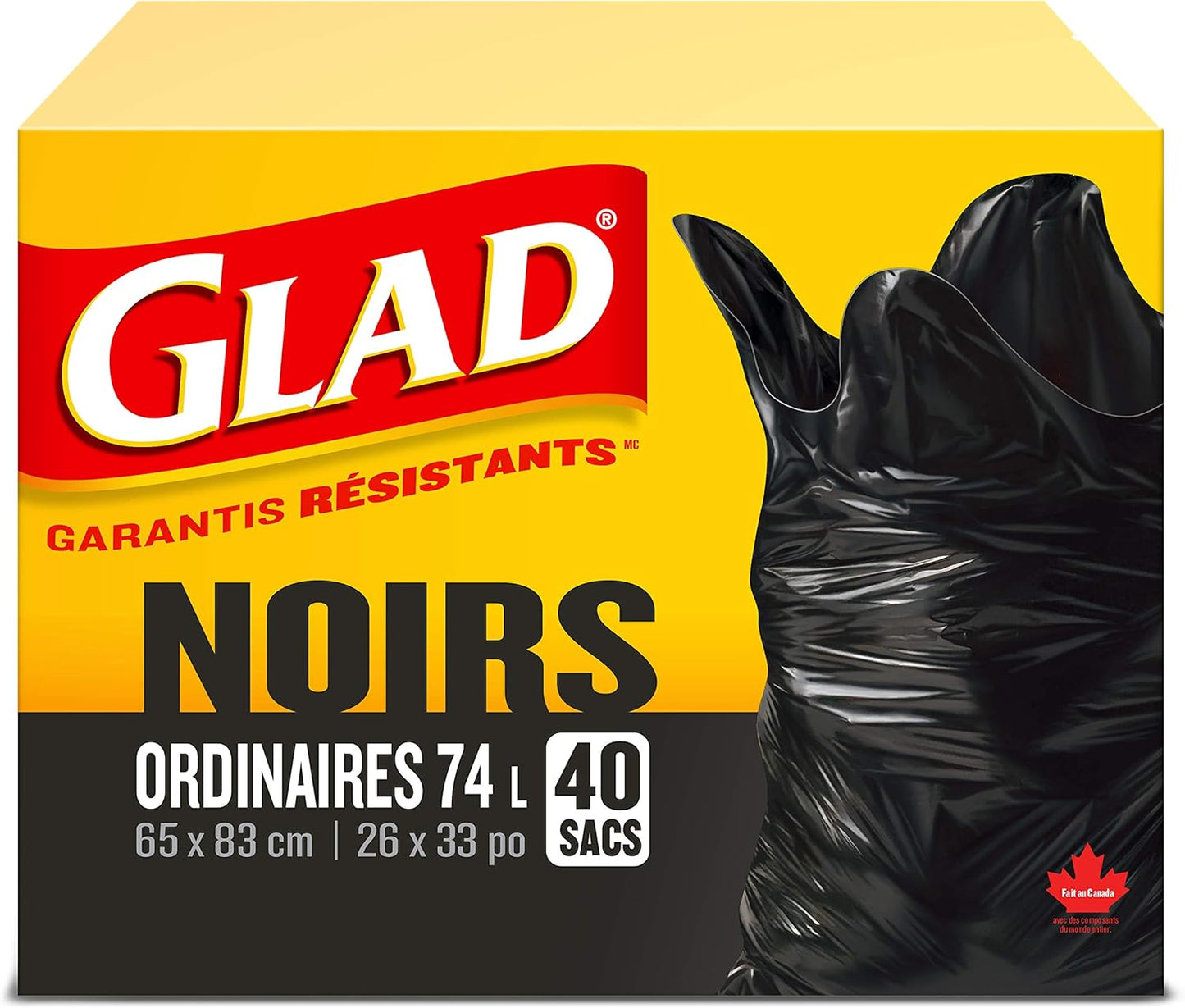Glad Black Garbage Bags - Regular 74 Litres - 40 Trash Bags Made in Canada of Global Components