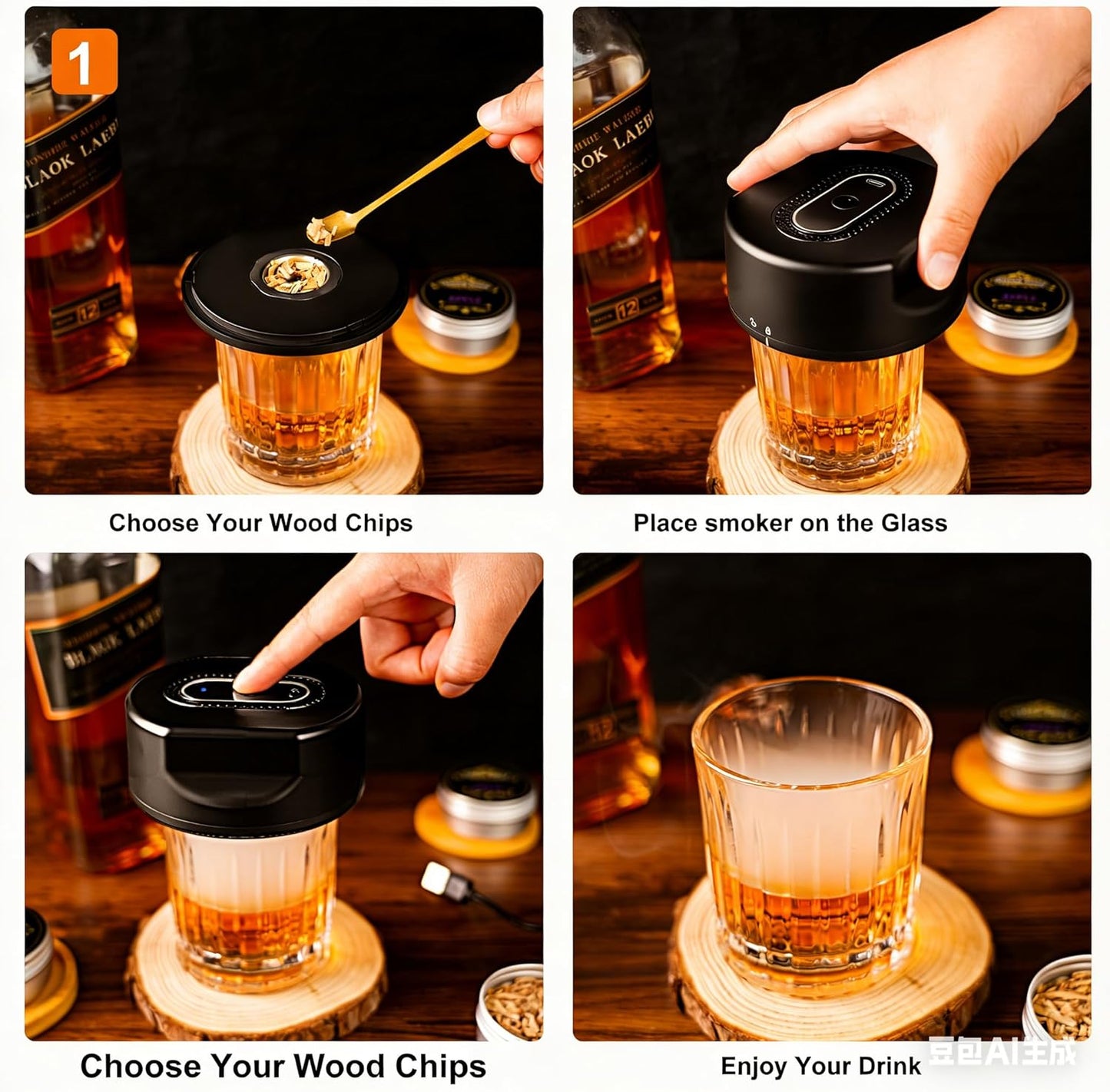 Whiskey Smoker Kit -Electric Cocktail Smoker Kit with 6 Flavors Wood Chips, Rechargeable Old Fashioned Smoker Kit, Bourbon Smoker Kit, Drink Smoker Kit Gifts for Men/Dad/Husband