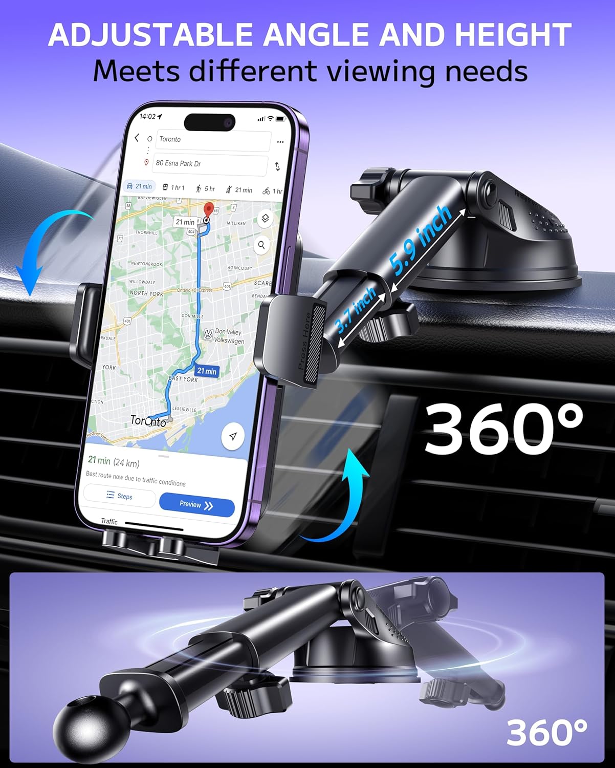 Phone Holder Car, 3-in-1 Universal Car Phone Holder Mount Windshield Dashboard Air Vent Cell Phone Car Mount Hands Free Car Phone Handlebar Mount for iPhone Android Smartphone Handlebar Accessories