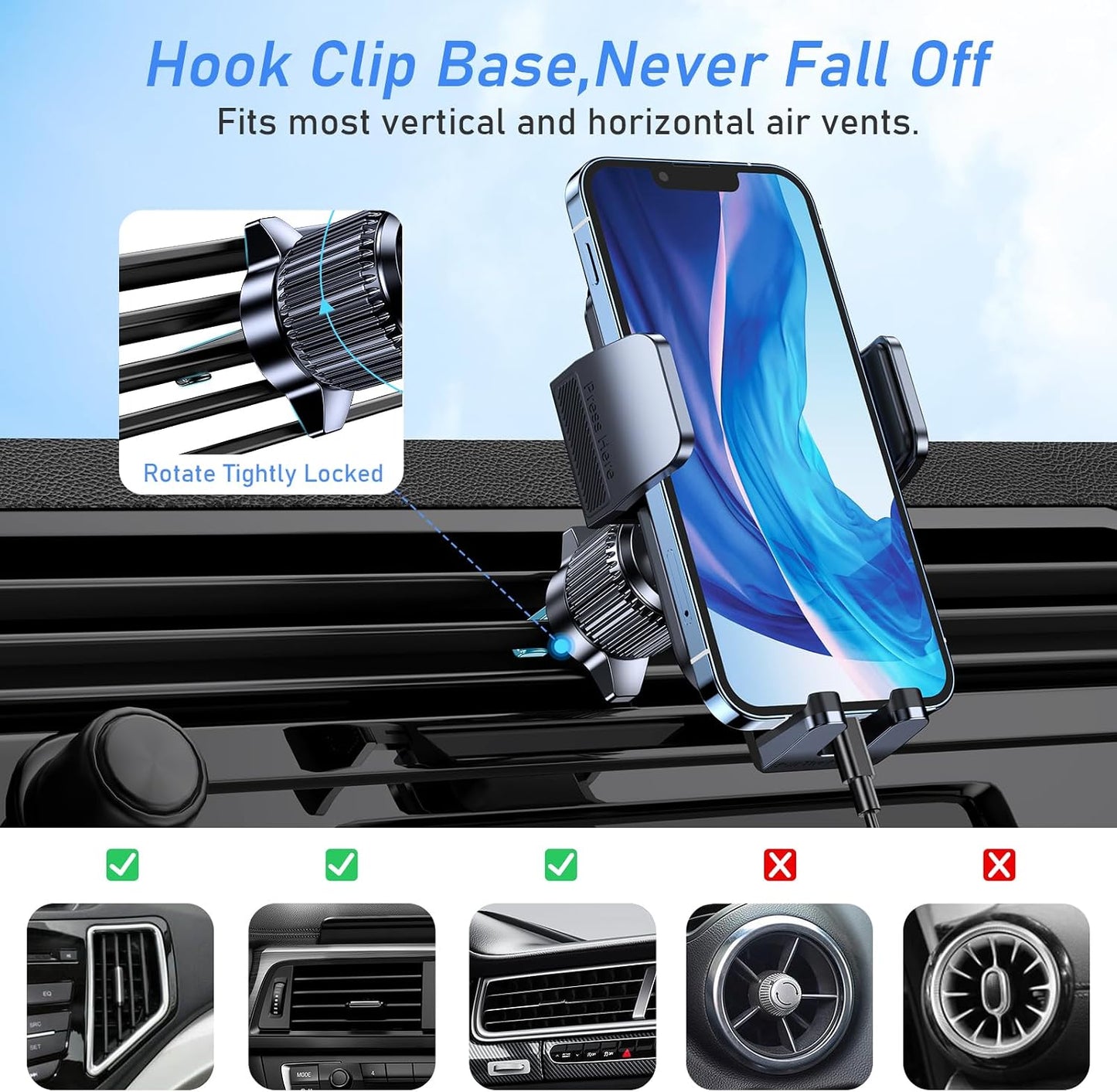 Blukar Phone Holder Car, Air Vent Car Phone Mount with Upgraded Ultra Stable Hook Clip, 360° Rotation, One Button Release Cellphone Holder for iPhone, Google, Galaxy and All Mobile Phones