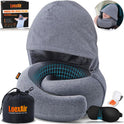 Hooded Pro Travel Pillow - Memory Foam Neck Support Pillow with Hood for Airplane, Flight - 100% Cotton Fabric, Maximum Privacy & Light-Block Design, Lightweight Full Travel Kit - Light Grey