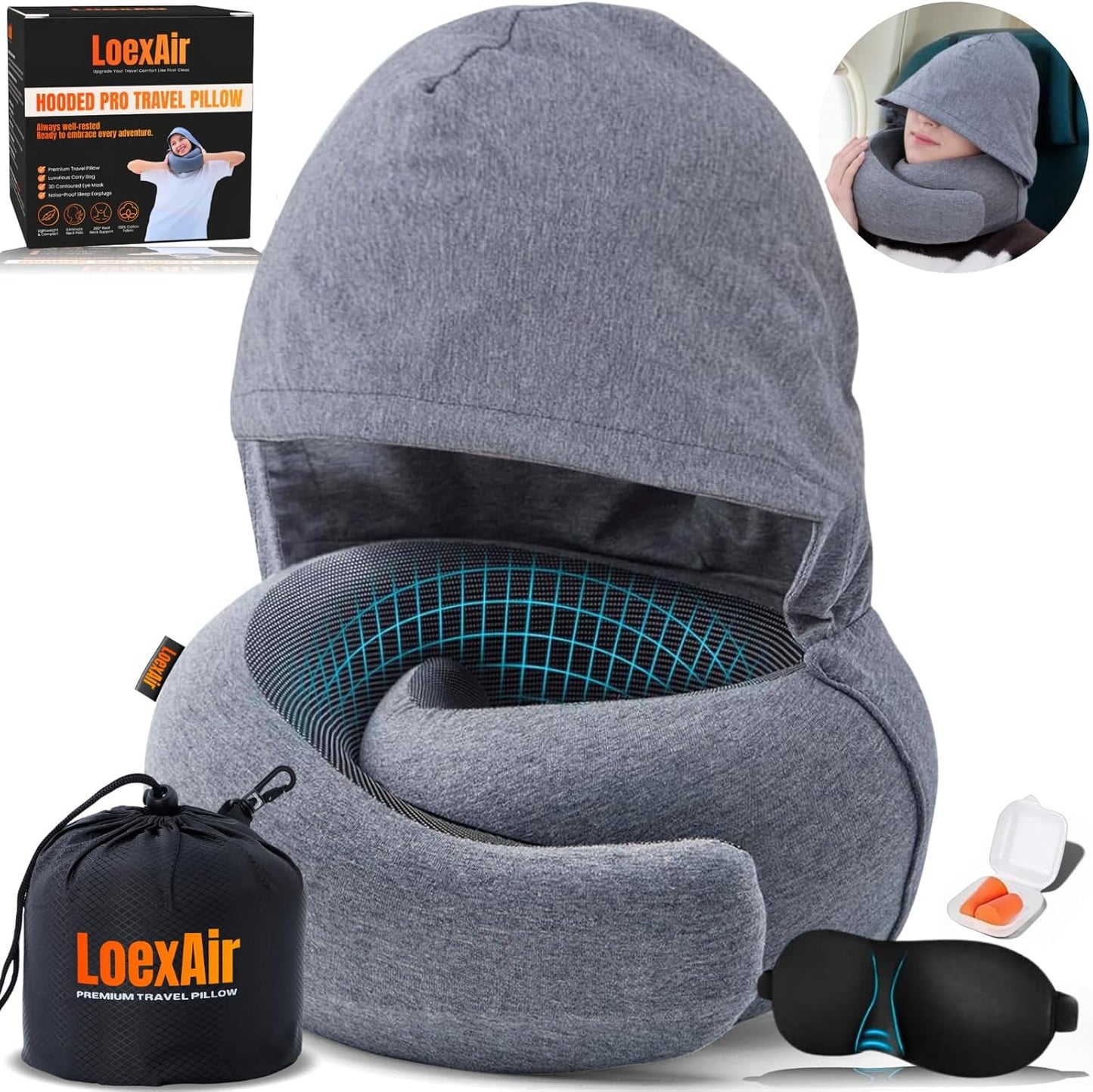Hooded Pro Travel Pillow - Memory Foam Neck Support Pillow with Hood for Airplane, Flight - 100% Cotton Fabric, Maximum Privacy & Light-Block Design, Lightweight Full Travel Kit - Light Grey
