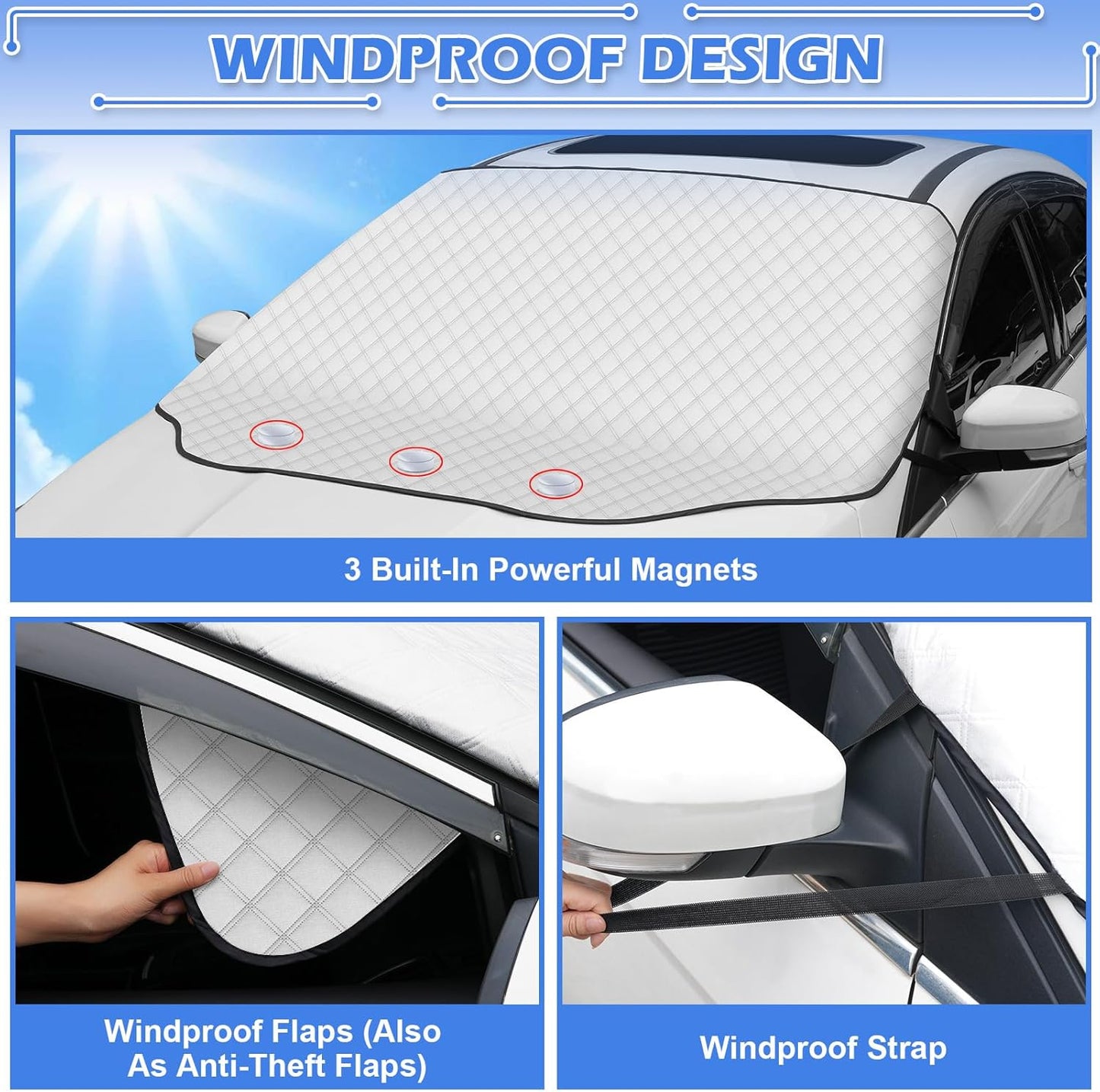 Tevlaphee Windshield Sun Shade, Windshield Sun Shade, 3 Magnet, Block UV Rays, Foldable, Sun Visor Protector for SUV Truck to Keep Vehicle Cooler, 197 * 128cm
