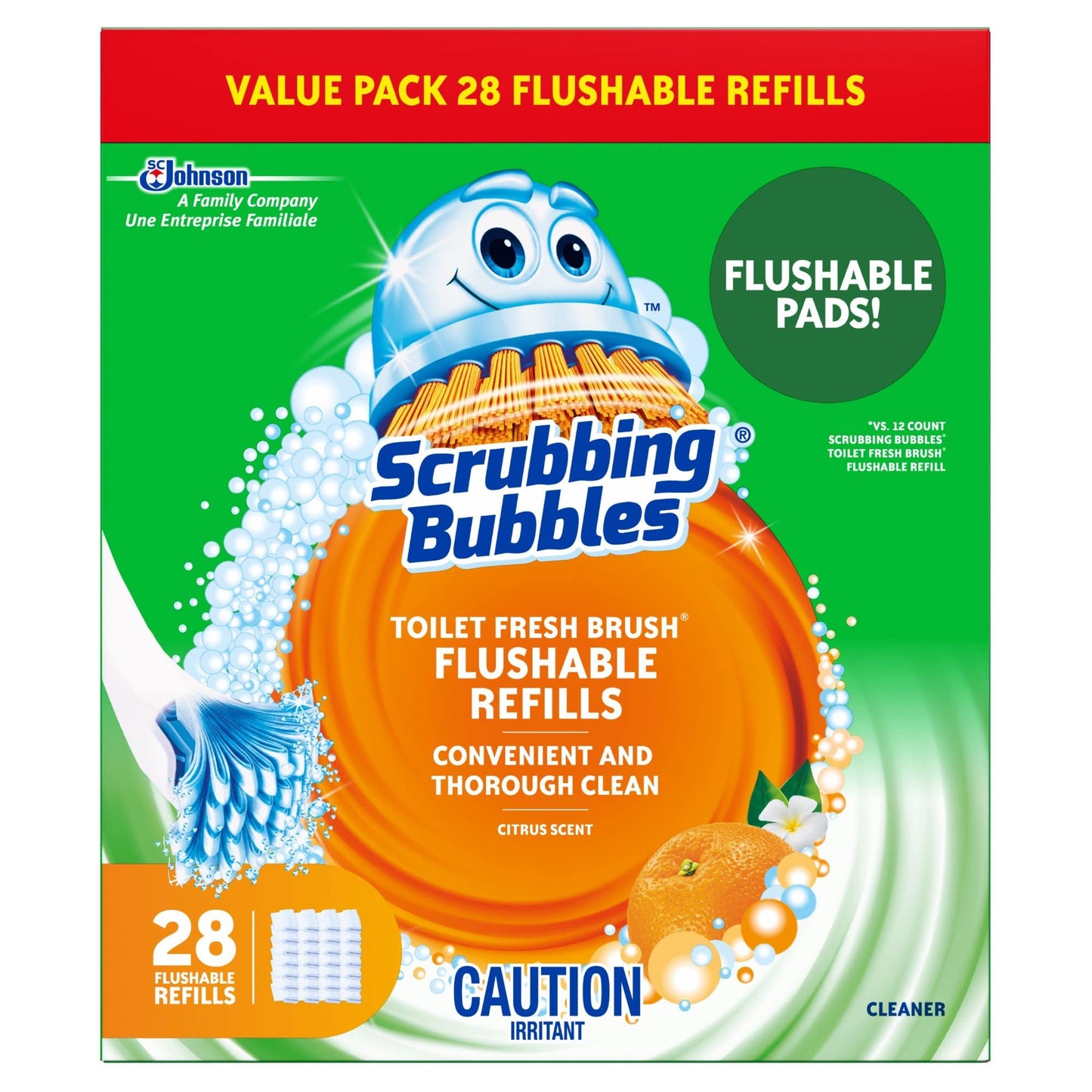 Scrubbing Bubbles Toilet Bowl Cleaner, Fresh Brush Toilet Bowl Cleaning Flushable Refills, Citrus Scent, 28 Refills Total
