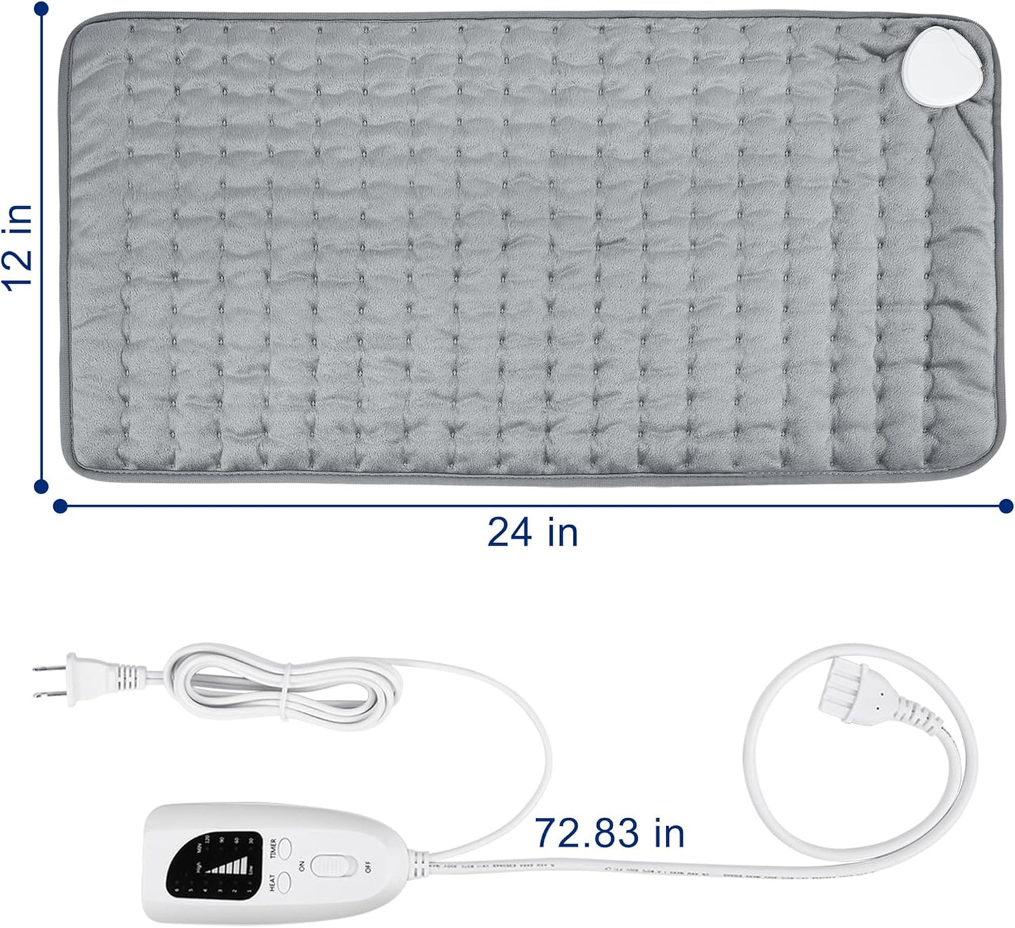 24"x12" Heating Pad, Electric Heating Pad for Dry & Moist Heat, Electric Heat Pad with Multiple Temp & Timer Settings, Auto Off, Silver Gray