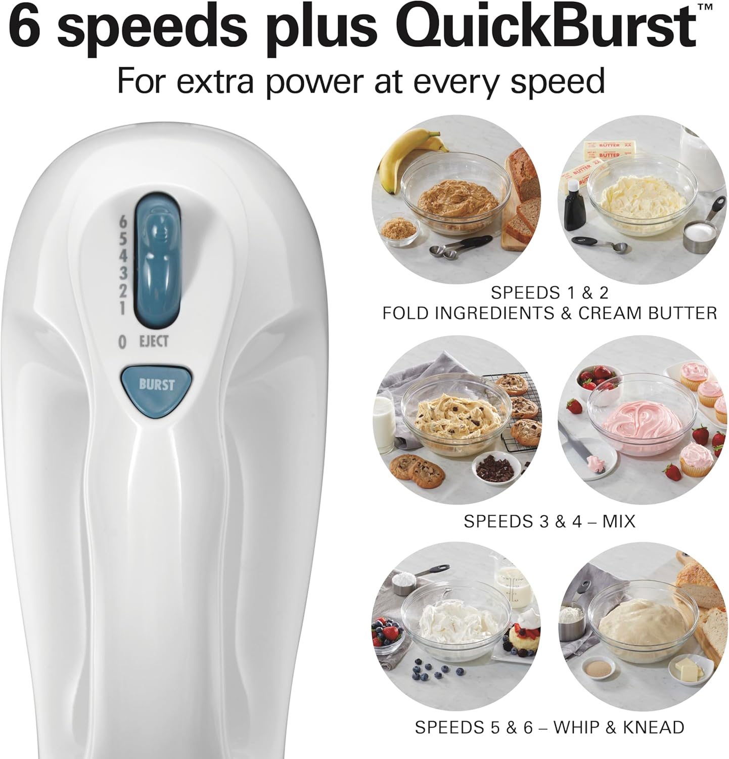 Hamilton Beach 6-Speed Electric Hand Mixer for Baking, 250W, QuickBurst, Snap-On Storage Case, Traditional Beaters & Whisk, White (62682G)