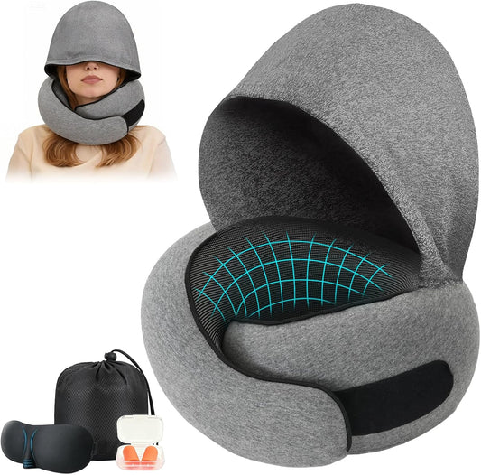 Adjustable Travel Neck Pillow with Hood - Memory Foam Support for Deep Sleep & Neck Pain Relief on Long Flights & Road Trips, Light-Block & Foldable Design for Ultimate Comfort, Grey