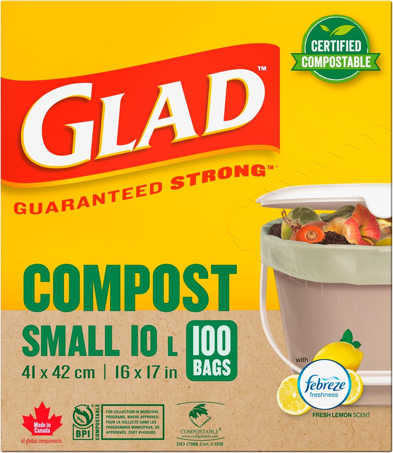 Glad 100% Compostable Bags - Small 10 Litres - Lemon scent 100 Compost Bags
