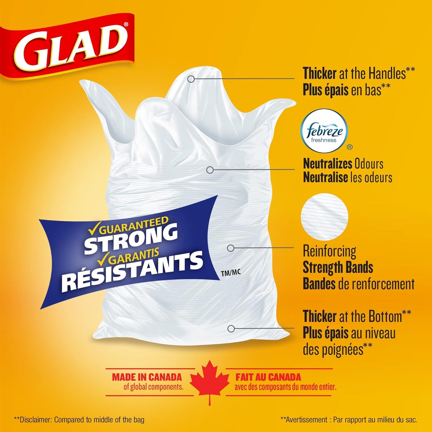 Glad White Garbage Bags - Tall 45 Litres - Febreze Fresh Clean Scent, 60 Trash Bags, Made in Canada of Global Components