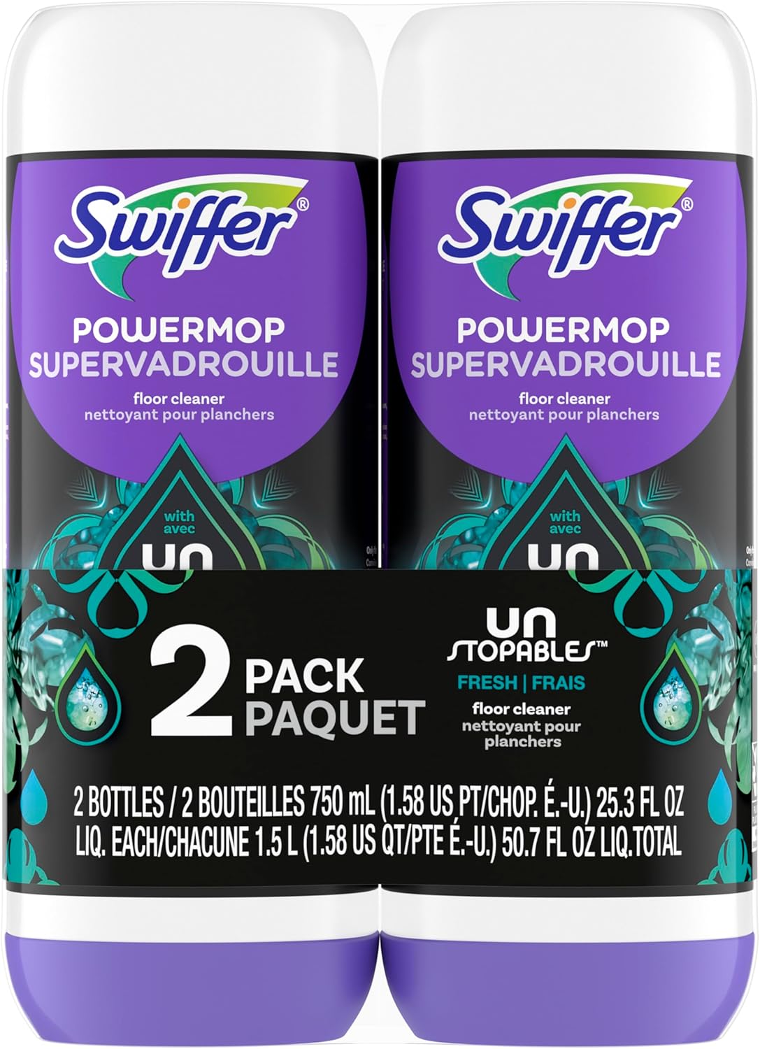 Swiffer PowerMop Floor Cleaning Solution with Unstopables Fresh Scent, 1.5 L Total (2 Count of 750 mL Each)