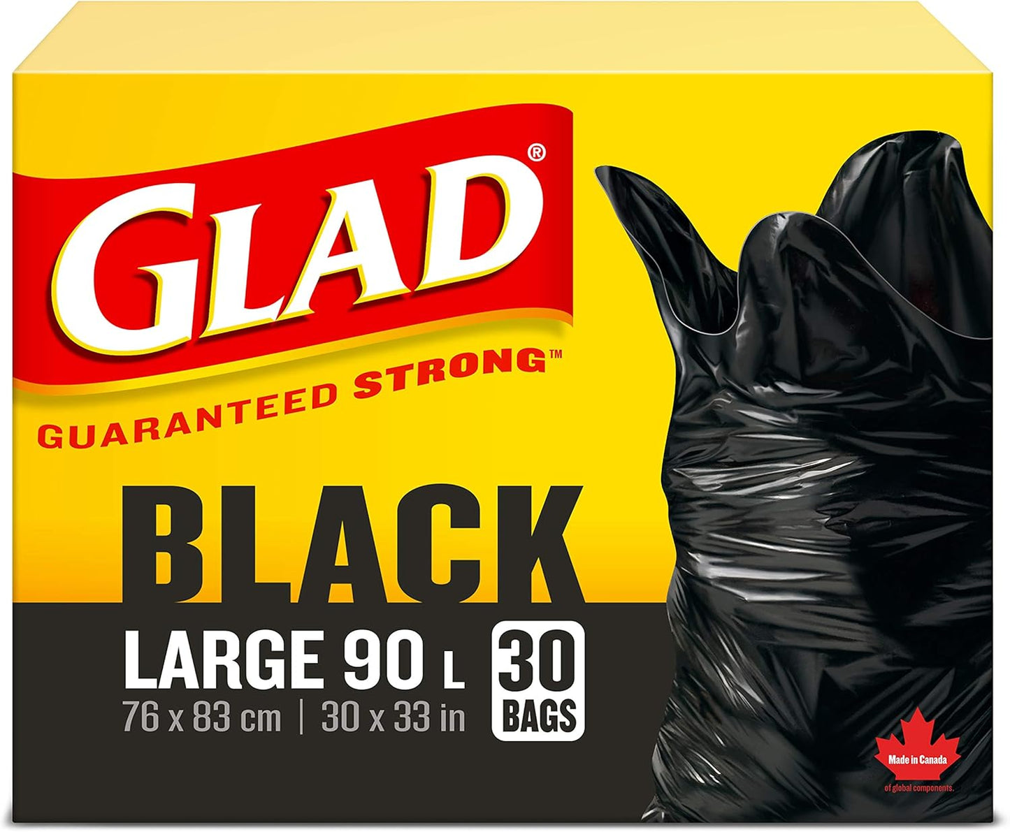 Glad Black Garbage Bags - Large 90 Litres- 30 Trash Bags, Made in Canada of Global Components