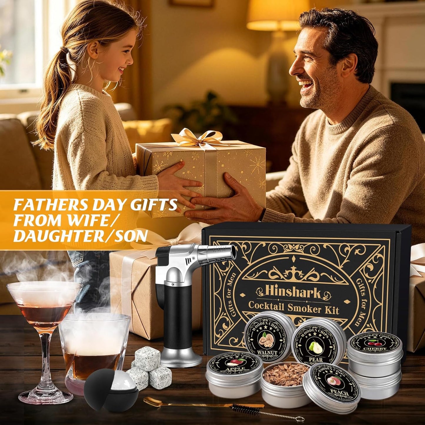 Fathers Day Gift Ideas for Husband, Gifts for Men Whisky Smoker Kit for Bourbon, Anniversary Birthday Gift for Dad Him Husband Grandpa, 6 Flavors Wood Chips for Old Fashioned Smoker Kit (No Butane)